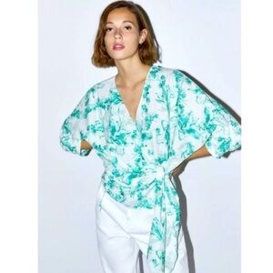 Zara Floral Kimono Wrap Top Size  L Green White Linen Blend Viscose Casual